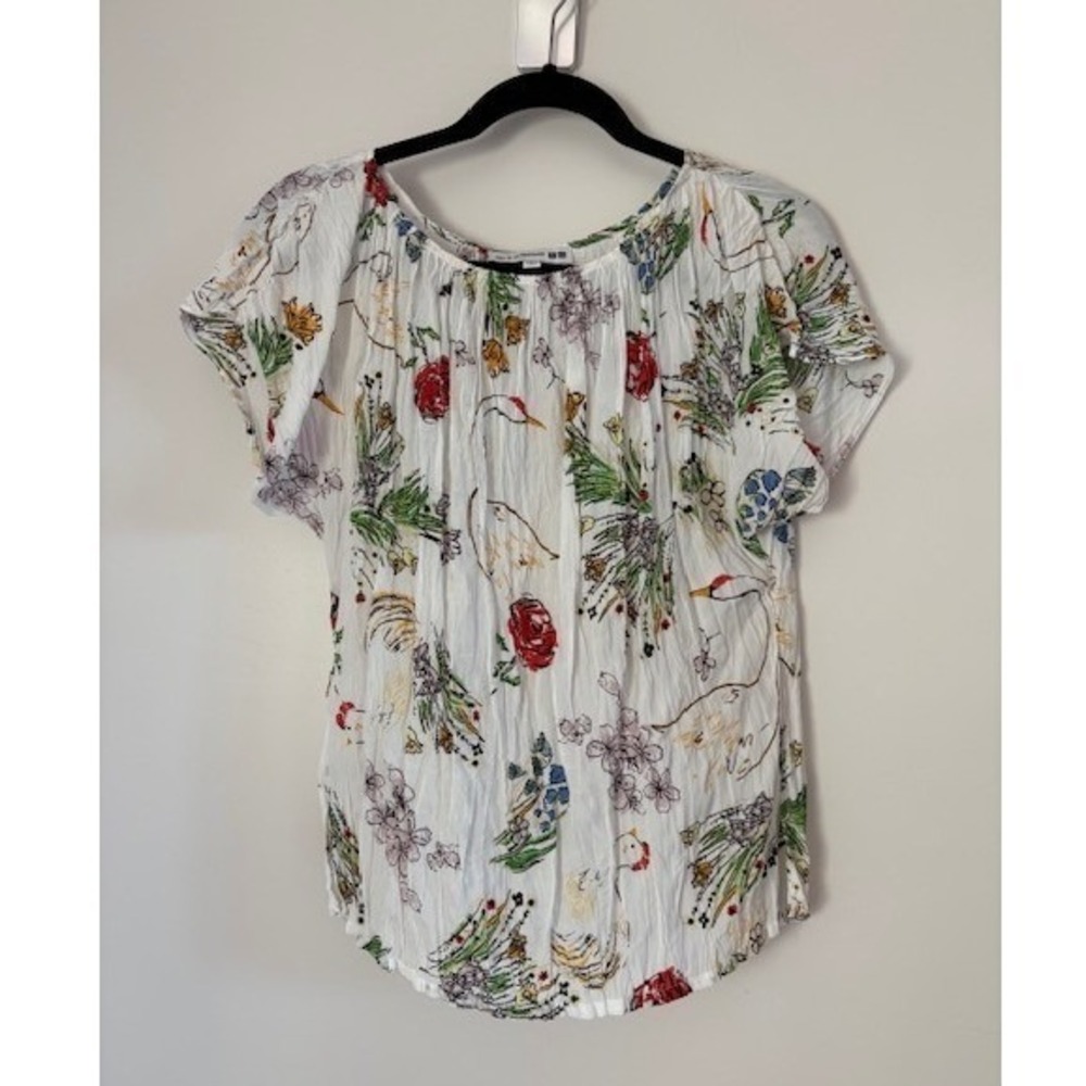 Ines de la Fressange Uniqlo White Floral Swan Print Crinkle Cotton Blouse Large